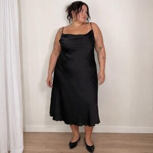 Bebe Black Satin Cowl Neck Slip Dress Bias Cut Midi Women 2X Quiet Luxury Y2K